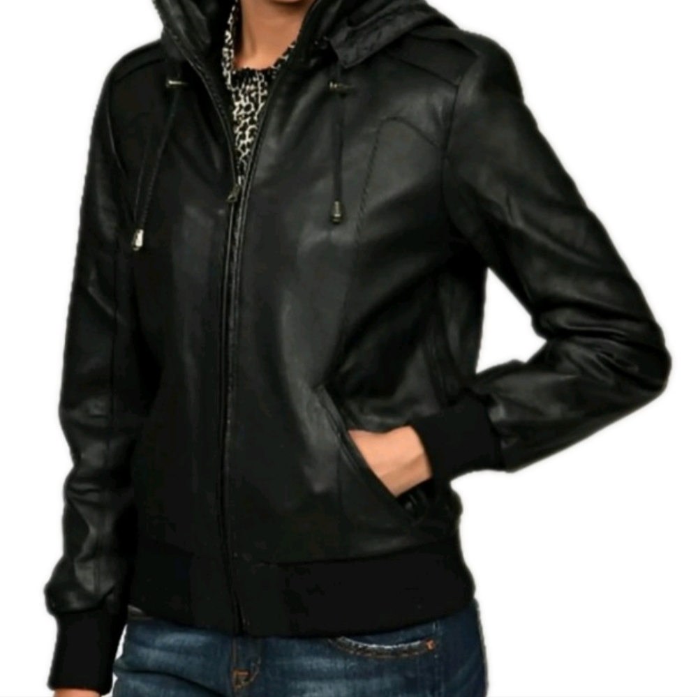 Marc New York Andrew Marc Blk Hooded Polyurethane Bomber Jacket Women's Size XS
